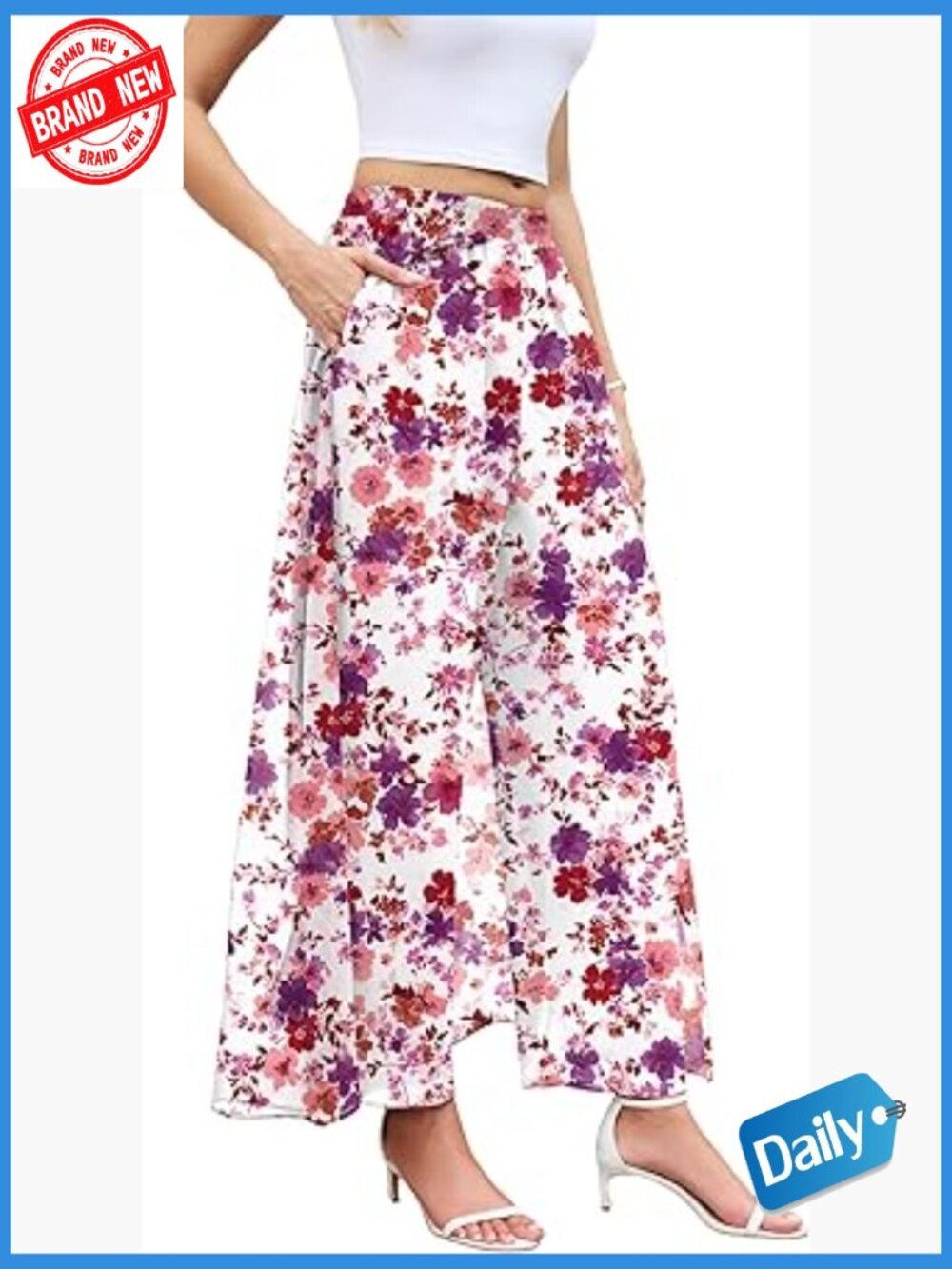 Wide Leg Dress Pants Elastic High Waist Palazzo with Pockets